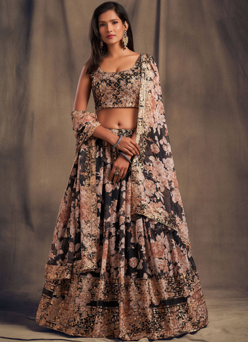 Party Wear Sequence Work Organza Floral Printed Lehenga Choli